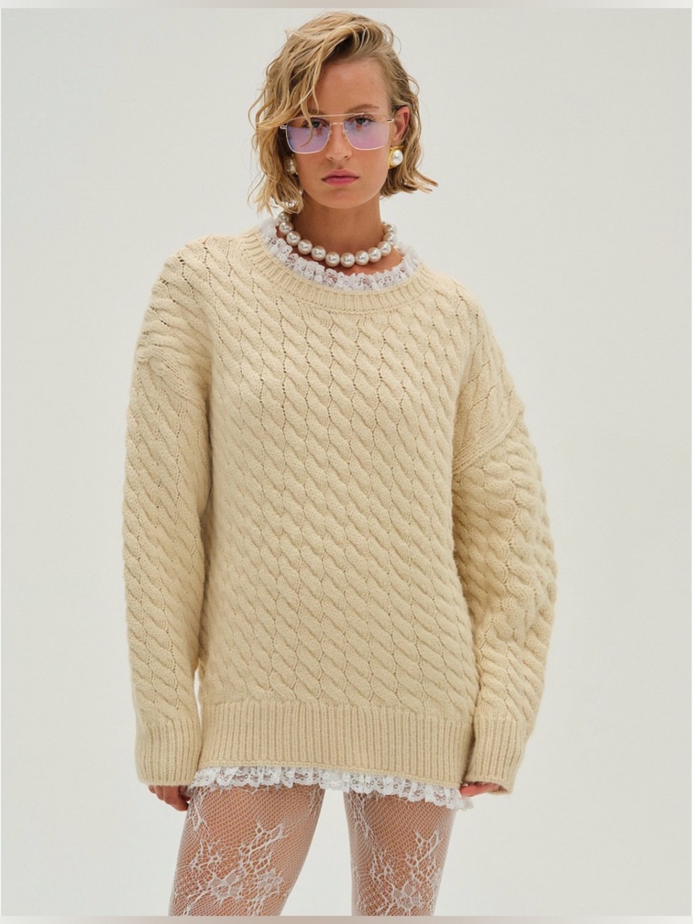 For Love And Lemons Milana Sweater White/Ivory Cable-Knit Lace-Hem - Small - NWT
